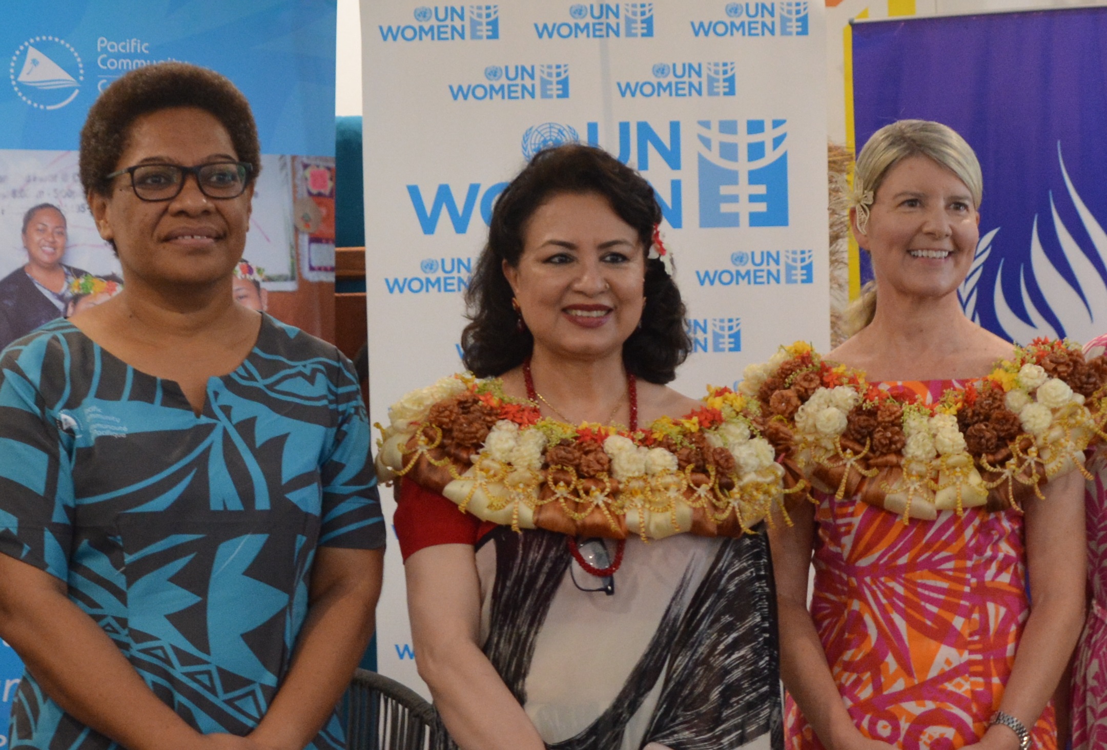SPC's Principal Strategic Lead - Pacific Women Mereseini Rakuita, with garlanded CEDAW Committee members Bandana Rana and Natasha Stott Despoja.